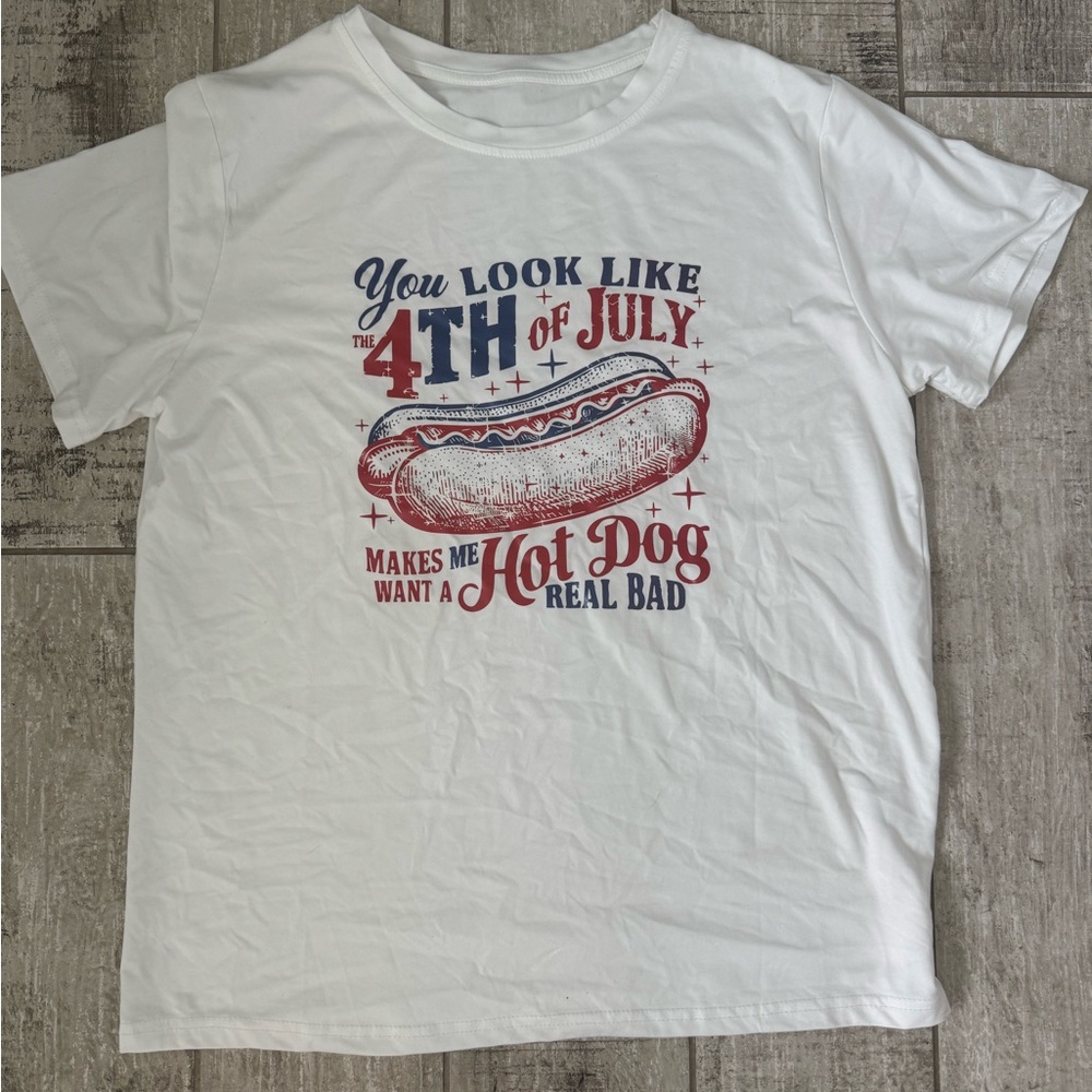 SHEIN White Graphic Tee - 4th of July Hot Dog Design
